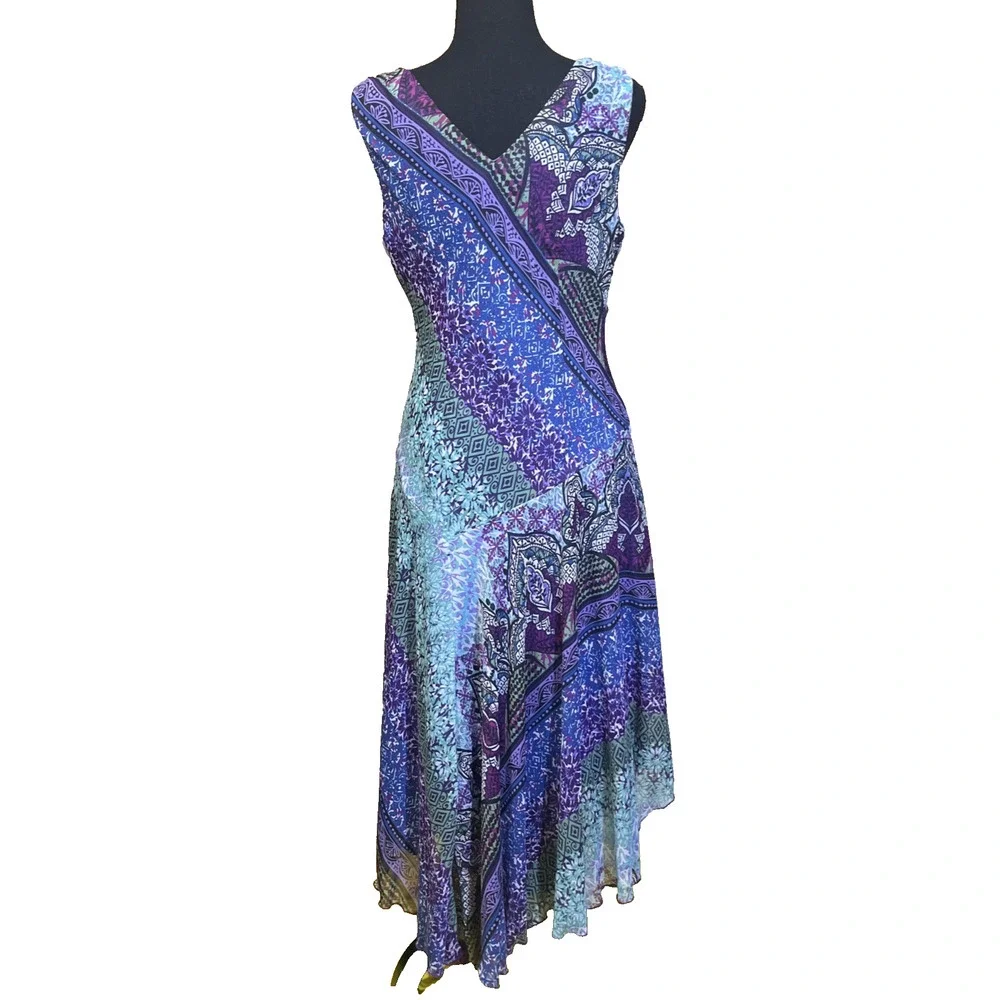 Dressbarn Y2K Babydoll Fairy Asymmetrical Dress Size 8 Sheer Patchwork Festival - Picture 2 of 16